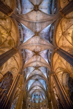 Barcelona, İspanya - 15 Kasım 2019: Barcelona Katedrali 'nin iç ve mimari unsurları - Santa Cruz Katedrali y Santa Eulalia (Kutsal Haç ve Aziz Eulalia). Tavan