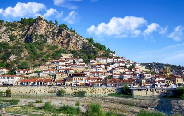 Historic city. Traditional ottoman houses in Berat old town (mangalem district) in Albania . listed as UNESCO world heritage site, along with river Osum bank. thousand windows city