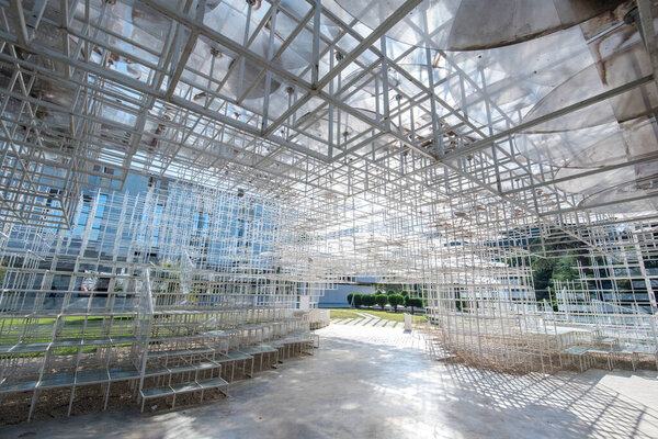 TIRANA, ALBANIA - October 19, 2018: Installation art object called "The Cloud" in the center of Tirana. Designed by the renowned Japanese architect Sou Fujimoto. Tirana, Southeast Europe.