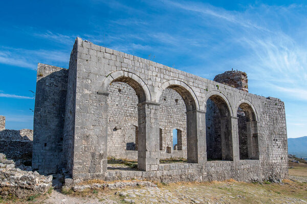 Ruins of Rozafa Castle and fortress , St. Stephan Church, Shkoder , Albania. surrounded by the Buna and Drin rivers. oldest and most historic town, as well as an important cultural and economic center