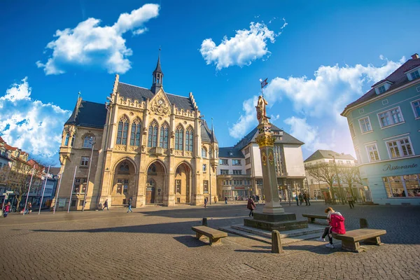 Erfurt Allemagne 2020 Façade Fischmarkt Avec Horloge Mairie Centre Capitale — Photo