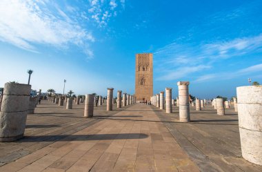 The Mausoleum of Mohammed V is a historical building located on the opposite side of the Hassan Tower on the Yacoub al-Mansour esplanade in the capital city of Rabat, Morocco. clipart