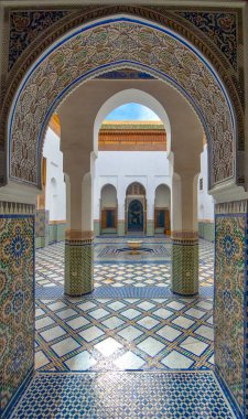 Marrakech, Morocco - 18 july, 2019: Inside interior of Dar Si Said - Museum of Moroccan Arts, Crafts, Carpets and Weaving in Marrakesh medina. The National Carpet Museum zellige tile work clipart