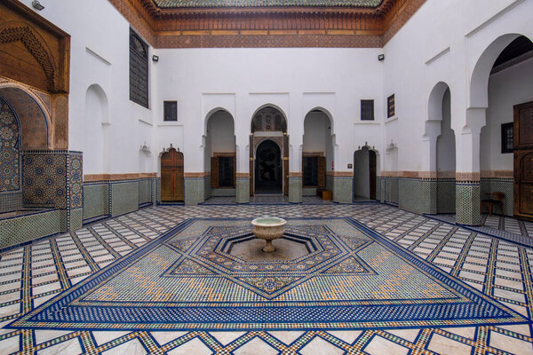 Marrakech, Morocco - 18 july, 2019: Inside interior of Dar Si Said - Museum of Moroccan Arts, Crafts, Carpets and Weaving in Marrakesh medina. The National Carpet Museum zellige tile work