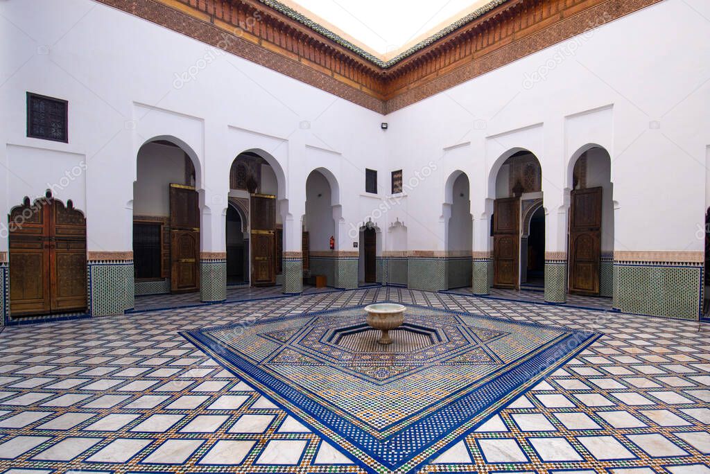 Marrakech, Morocco - 18 july, 2019: Inside interior of Dar Si Said - Museum of Moroccan Arts, Crafts, Carpets and Weaving in Marrakesh medina. The National Carpet Museum zellige tile work
