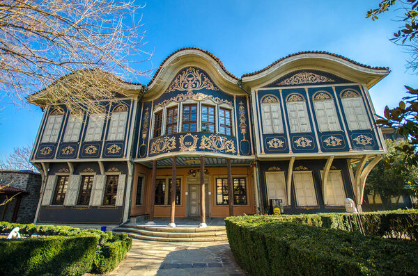 PLOVDIV, BULGARIA - OCTOBER 7, 2019: Beautiful view of the Kuyumdzhiouglu house, which houses the Regional Ethnographic Museum in Old Town in Plovdiv. UNESCO's World Heritage - Capital of Culture