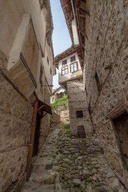 Melnik, Bulgaristan. Melnik 'teki geleneksel eski Bulgar evleri, bahardaki en küçük Bulgar kasabası..