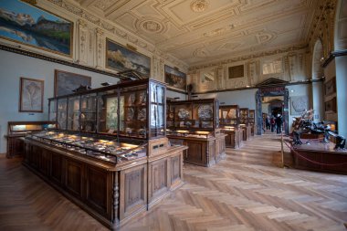 Viyana, Avusturya - 29 Ocak 2020: Doğal Tarih Müzesi 'nin içi. Birçok örnek, mineral, fosil vs. sergilenen en büyük ve eski müze..