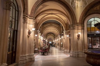 Viyana, Avusturya - 20.02.2020 Ferstel Geçidi içinde, Palais Ferstel. Daktiloyla yazılmış 