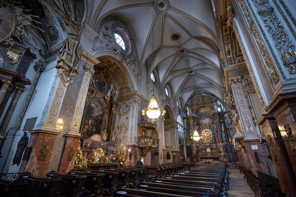 VIENNA, AUSTRIA - 07.02.2020: The Franciscans church interior, dedicated to St Hieronymus (St Jerome) was built 1611 in Renaissance style with a baroque interior added over the following century