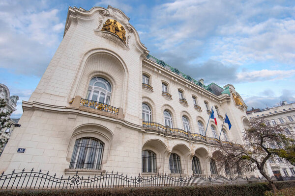 Vienna, Austria - 11.03.2020: The French embassy Art Noveau building designed by Georges Chedanne, built in 1904 to glorify the relationship between France and the great Austro-Hungarian empire.