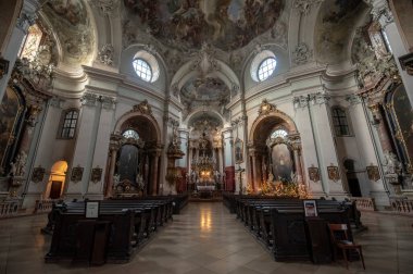 Viyana, Avusturya - 10.02.2020: Barok Kilisesi 'nin İçi Maria Treu - Katholische Kirche Piaristenkirche veya Wien' deki Roma Katolik Piarist Kilisesi
