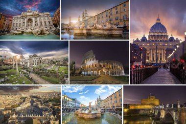 Roma, İtalya 'nın Yaratıcı Kolaj Görünümü - kartpostal. Mimari Anıtlar - Roma Forumu, Trevi Çeşmesi, Kolezyum (Kolezyum), Vatikan 'da Aziz Peter Bazilikası, Piazza Navona ve diğer kalıntılar