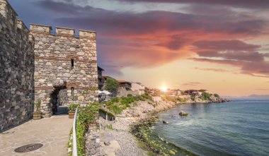 Panorama of Sozopol old town at surise. Ruins of ancient fortifications in  Sozopol, Burgas Region, Bulgaria clipart