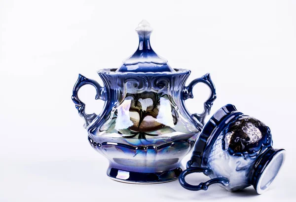 Ζαχαριέρες Κύπελλο Οριστεί Τσάι Ποτό Σερβίτσια Πρωινού Μπλε Κίνας — Φωτογραφία Αρχείου