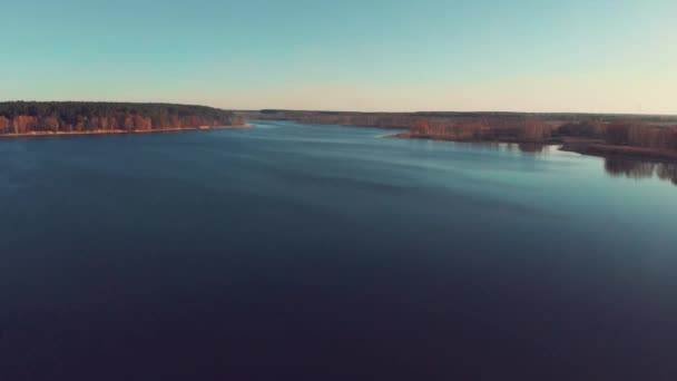 Bovenaanzicht van grote rivier met bos op de horizon — Stockvideo