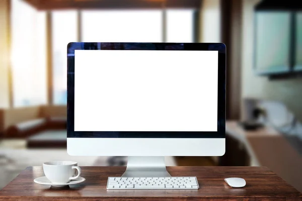 Espaço Trabalho Com Monitor Computador Teclado Smartphone Copo Café Tela — Fotografia de Stock