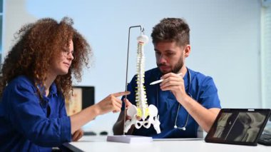 İki tıp uzmanı birlikte omurga modelini tartışıyor.