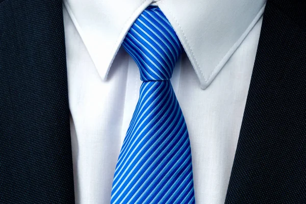 Close Blue Striped Tie Withe Shirt Dark Businessman Suit — Stock Photo, Image