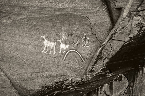 Monochrome black and white old anasazi petroglyphs representing humans and animals painted on a sandstone cliff of the Canyon de Chelly National Monument, Chinle, Arizona, USA.