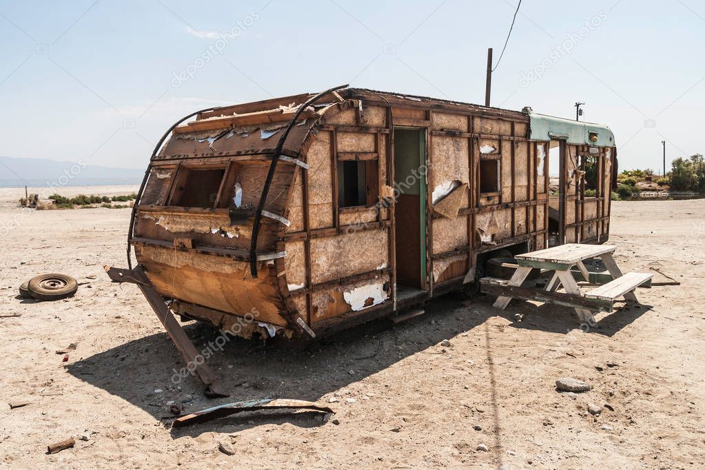 A torn and abandoned trailer in Salton Sea, California, USA - summer 2007. This site doesn't longer exist.