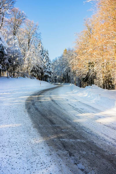 Μια Καμπύλη Χιονισμένους Και Παγωμένους Δρόμο Στα Βόσγια Όρη Γαλλία — Φωτογραφία Αρχείου
