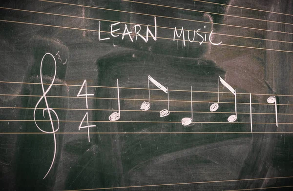 Rastgele müzik notlar ile beyaz tebeşir yazı tahtası üzerinde yazılı. Öğrenmek ya da müzik kavramları öğretmek.