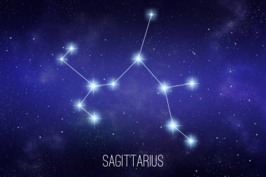 Yazı ile yıldız uzay arka plan üzerinde yay zodyak takımyıldızı