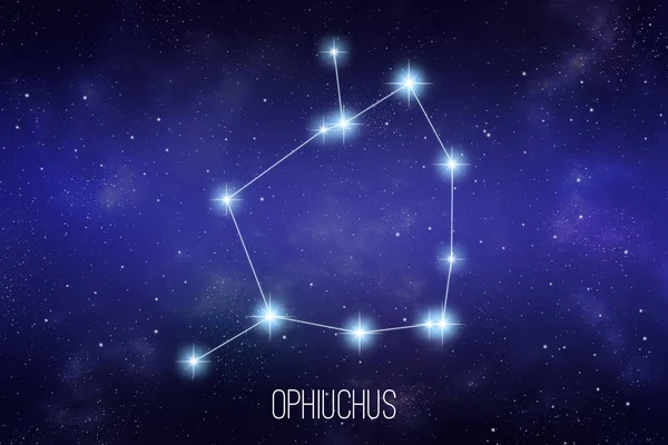 Yazı ile yıldız uzay arka plan üzerinde Ophiuchus Zodiac Constellation
