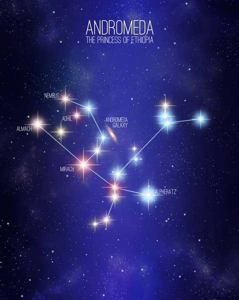 Andromeda la principessa di Etiopia costellazione su uno sfondo spaziale stellato con i nomi delle sue stelle principali. Dimensioni relative e diverse tonalità di colore in base al tipo di stella spettrale . — Foto Stock