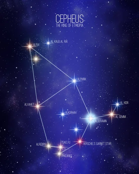 Cepheus the king of Ethiopia constellation on a starry space background with the names of its main stars. Relative sizes and different color shades based on the spectral star type.
