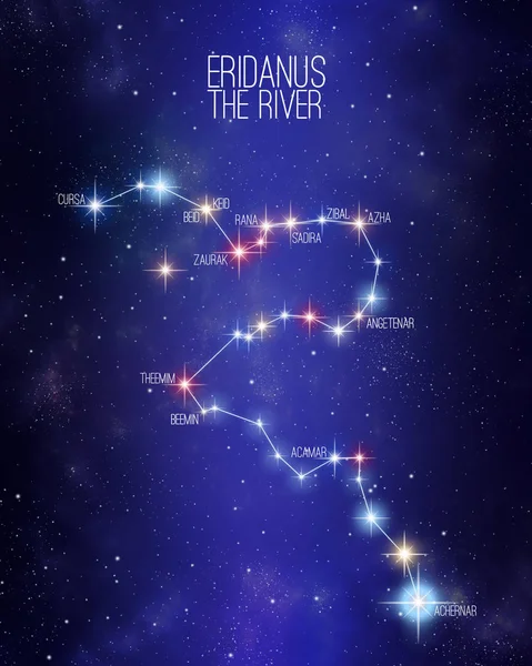 Eridanus the river constellation on a starry space background with the names of its main stars. Relative sizes and different color shades based on the spectral star type.