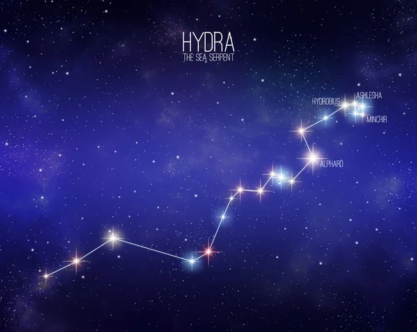 Hydra a tengeri kígyó konstelláció egy csillagos tér hátterét a nevét a fő csillagok. A spektrális csillag típusa alapján a relatív méretek és a különböző színárnyalatok. — Stock Fotó