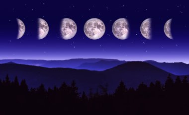 Moon aşama illüstrasyon. Ay bir dağ ve orman içinde farklı aşamadan doğal gece manzarası.