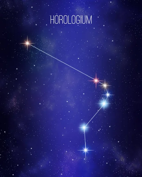 Horologium the clock constellation map on a starry space background. Stars relative sizes and color shades based on their spectral type.