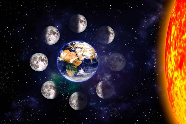 Manifesto delle fasi lunari o lunari. Otto passi del ciclo lunare intorno alla Terra. Sfondo spaziale. Illustrazione di rendering 3d senza testo. Struttura della superficie terrestre fornita dalla NASA . — Foto Stock