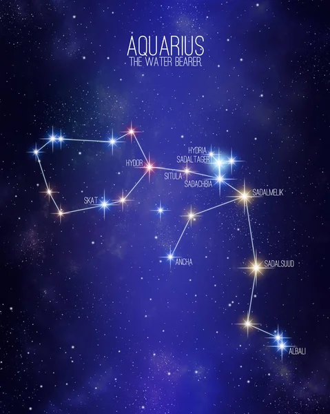 Acuario el mapa de constelación del zodiaco portador de agua sobre un fondo espacial estrellado con los nombres de sus estrellas principales. Estrellas tamaños relativos y tonos de color basados en su tipo espectral . —  Fotos de Stock