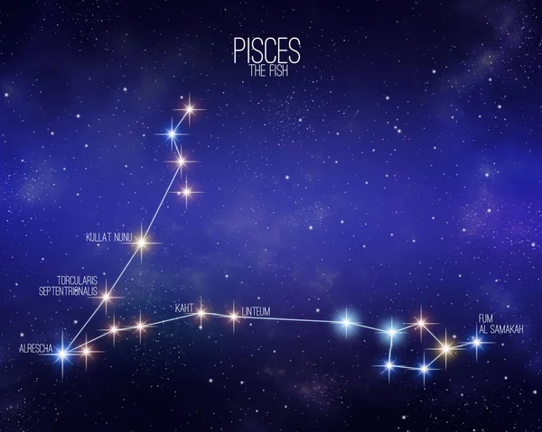 Pisces the fish zodiac constellation map on a starry space background with the names of its main stars. Stars relative sizes and color shades based on their spectral type.