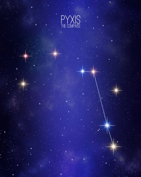 Pyxis the compass constellation map on a starry space background. Stars relative sizes and color shades based on their spectral type.