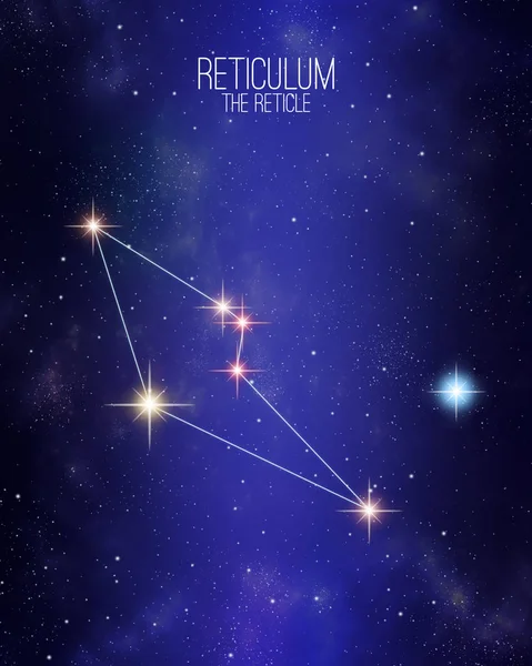 Reticulum the reticle constellation map on a starry space background. Stars relative sizes and color shades based on their spectral type.