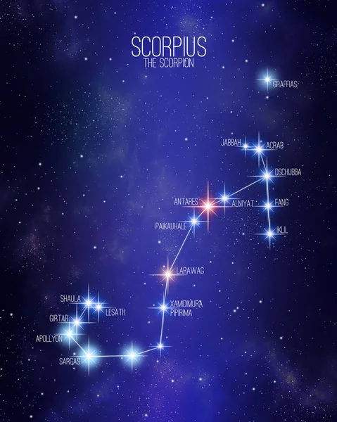 Scorpius mapy gwiazdozbioru zodiaku Skorpion na gwiaździste tło kosmiczne z nazwami jego głównych gwiazd. Gwiazdy względne rozmiary i odcienie kolorów w oparciu o ich typ spektralny. — Zdjęcie stockowe