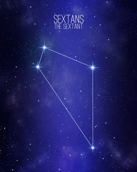 Sextans the sextant constellation map on a starry space background. Stars relative sizes and color shades based on their spectral type.
