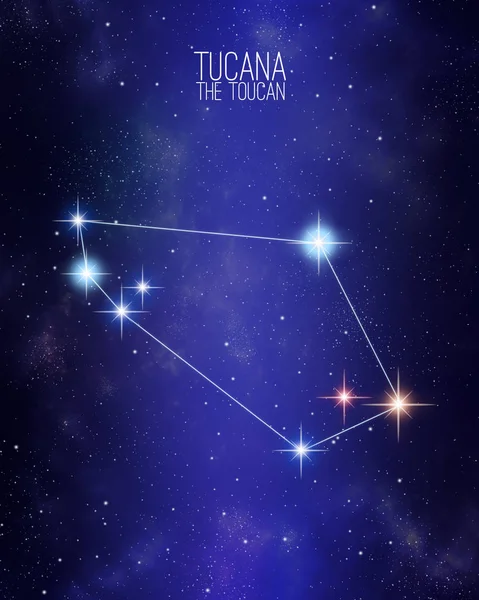 Tucana the toucan constellation map on a starry space background. Stars relative sizes and color shades based on their spectral type.