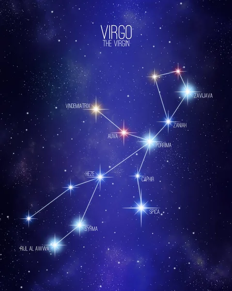 Panna Virgin Mapa Gwiazdozbiór zodiaku na tle gwiaździste miejsce z nazwami jego głównych gwiazd. Gwiazdy względne rozmiary i odcienie kolorów w oparciu o ich typ spektralny. — Zdjęcie stockowe