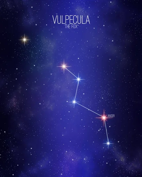 Vulpecula the fox constellation map on a starry space background. Stars relative sizes and color shades based on their spectral type.