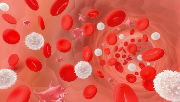 Globules rouges et blancs et plaquettes circulant dans un vaisseau ou une veine. Illustration médicale et microbiologique du rendu 3D . — Photo