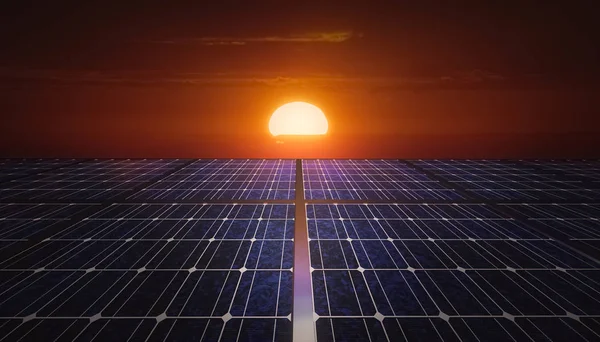 Solar panels field at sunrise or sunset. Mixed media illustration.