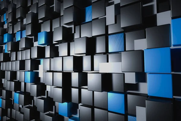 Abstracte muur van wit, zwart en blauw glanzende balken of kubussen. Conceptuele baclground of behang. 3D renderen illustratie. — Stockfoto