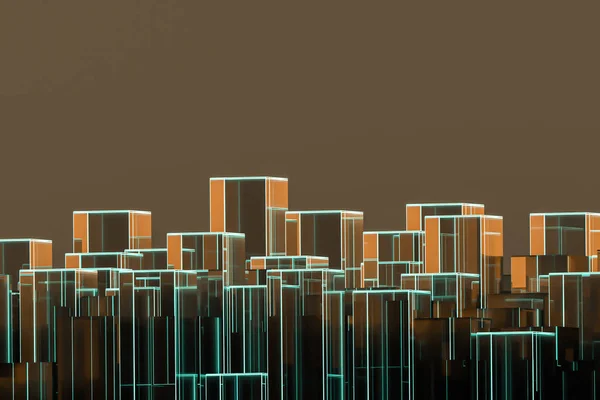 Conceptuele abstracte skyline met balken en kopieer ruimte. Blauw en oranje. 3D renderen illustratie. — Stockfoto