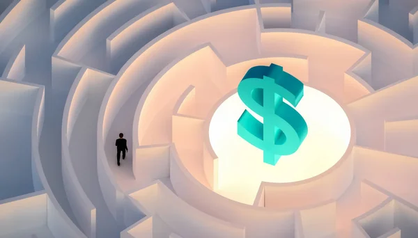 Man in suit walking in a maze or labyrinth seeking or looking for wealth or money symbolized by a dollar sign. Business, career, finance concepts. 3d render illustration.